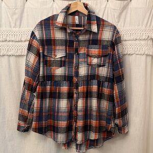 ePretty Plaid Flannel Shirt with gathered empire waist seam- Blue, Orange, White